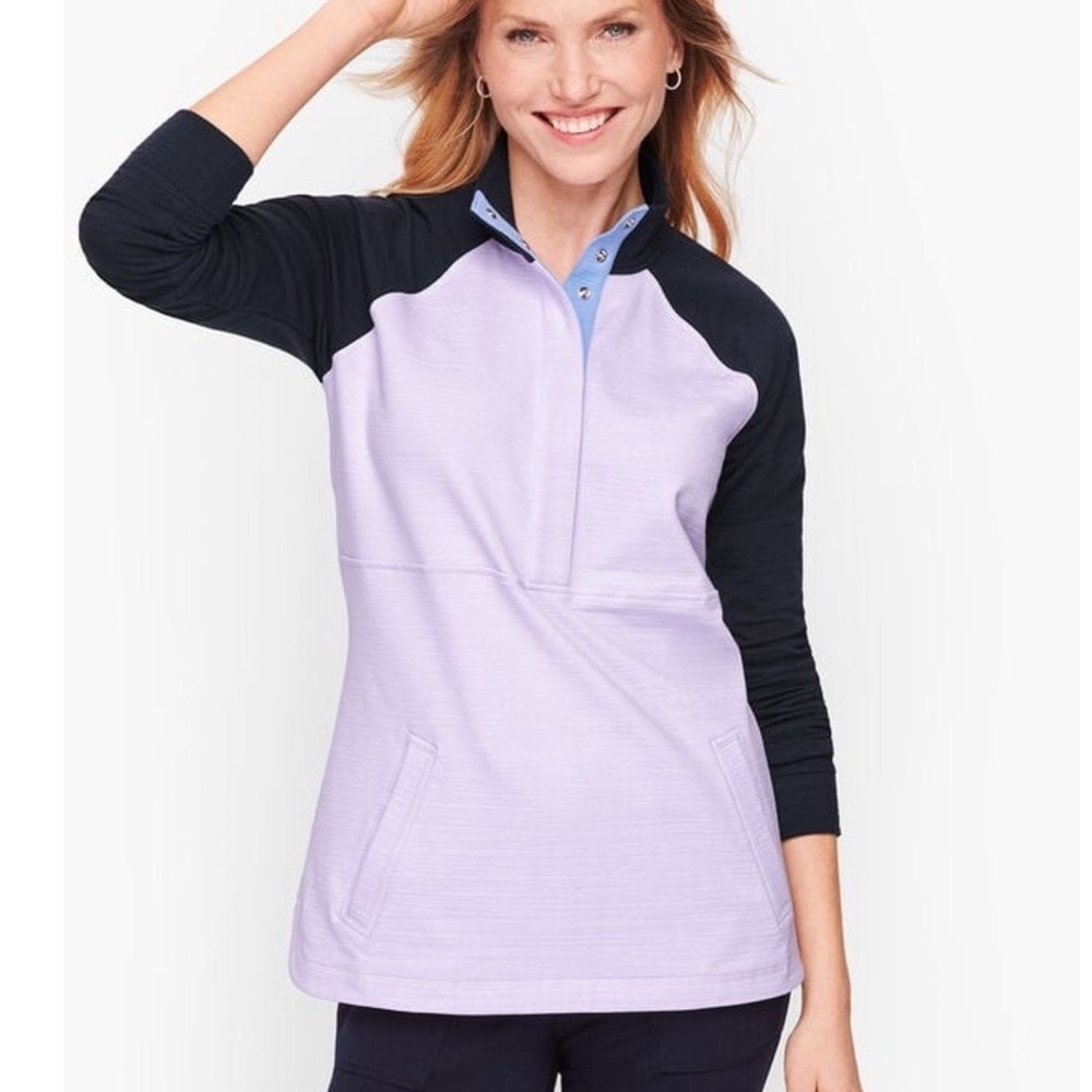 T By Talbots Terry Lilac Half-Zip‎ Pullover with Black Raglan Sleeves